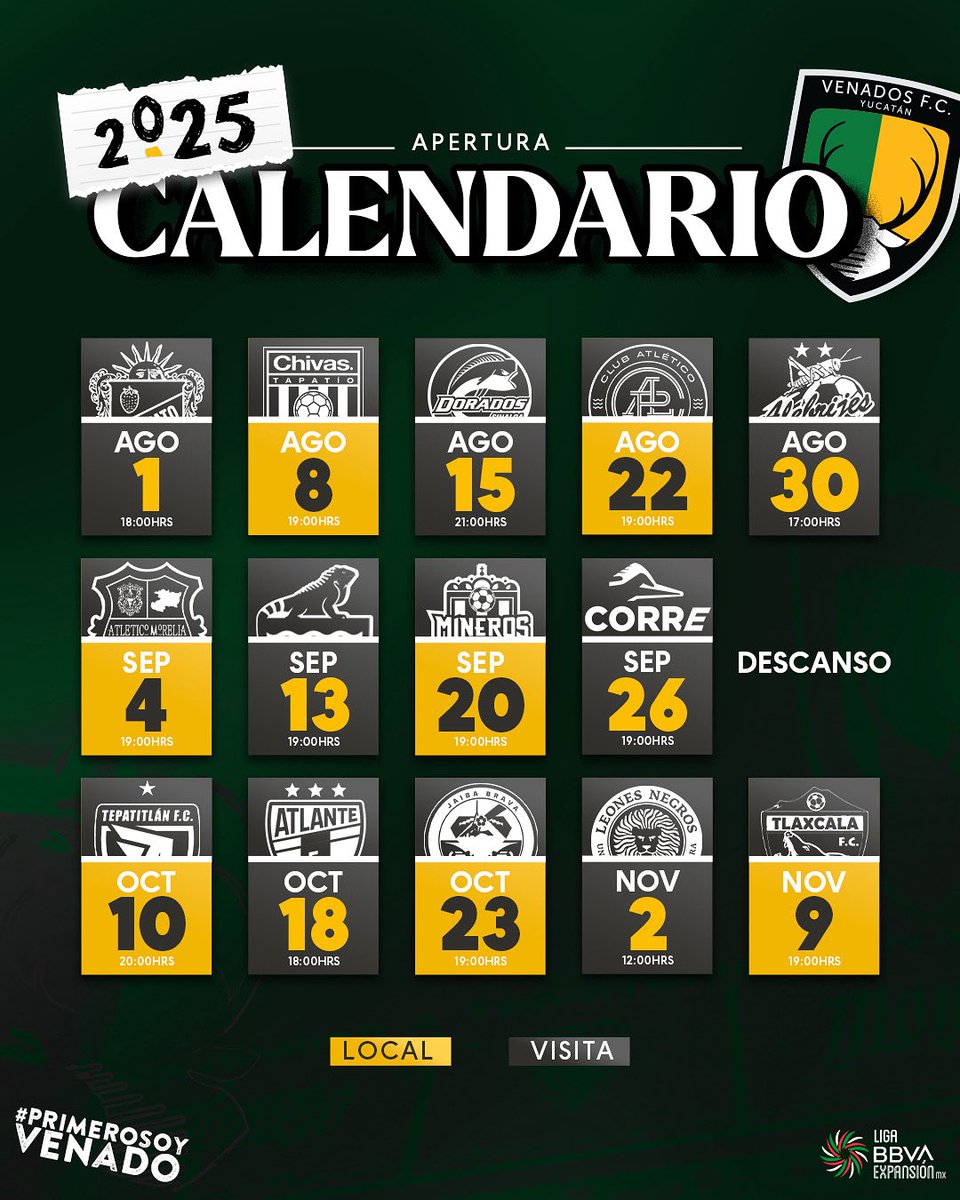 Venados F.C. (@venadosfc) on Twitter photo Les compartimos el calendario del #Apertura2025 para nuestros Astados en la <a href="/LigaMXExpansion/">Liga BBVA Expansión MX</a>. ✅
Estos son los días y horarios de partidos para apoyar con todo al equipo ¡Juntos por el objetivo! 🦌🏆 Les compartimos el calendario del #Apertura2025 para nuestros Astados en la <a href="/LigaMXExpansion/">Liga BBVA Expansión MX</a>. ✅
Estos son los días y horarios de partidos para apoyar con todo al equipo ¡Juntos por el objetivo! 🦌🏆