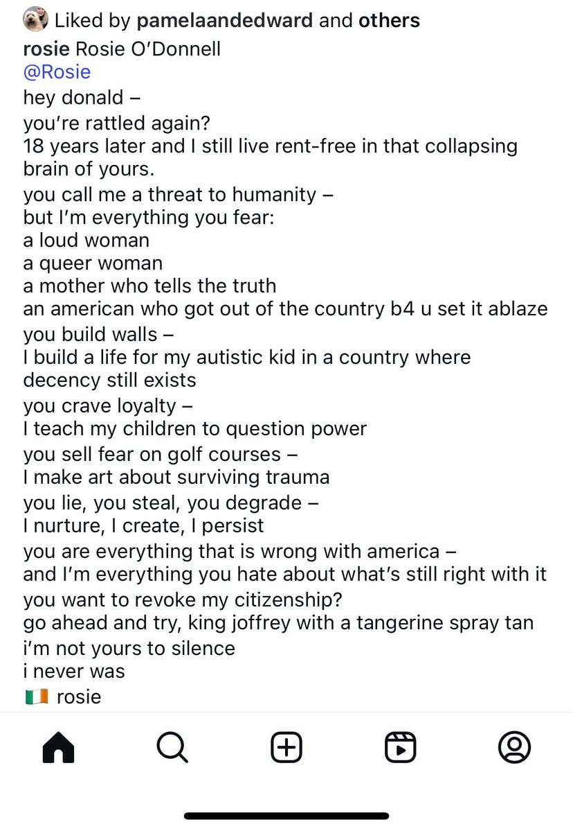 JNelsonLDF's tweet image. After Trump glibly threatened to unlawfully revoke her birthright citizenship (see why protecting it should matter to all of us!) Rosie O’Donnell delivered a word.