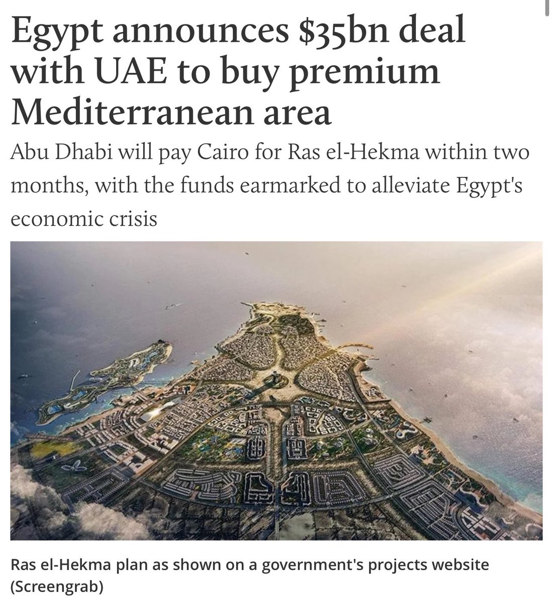 What <a href="/slatestarcodex/">Scott Alexander</a> is saying is of course tongue-in-cheek.

But this is real: Egypt leased their Mediterranean peninsula to the UAE in return for $35B.

It’s a win/win for both countries. As the sovereign debt crisis gets underway, expect many more deals like this.