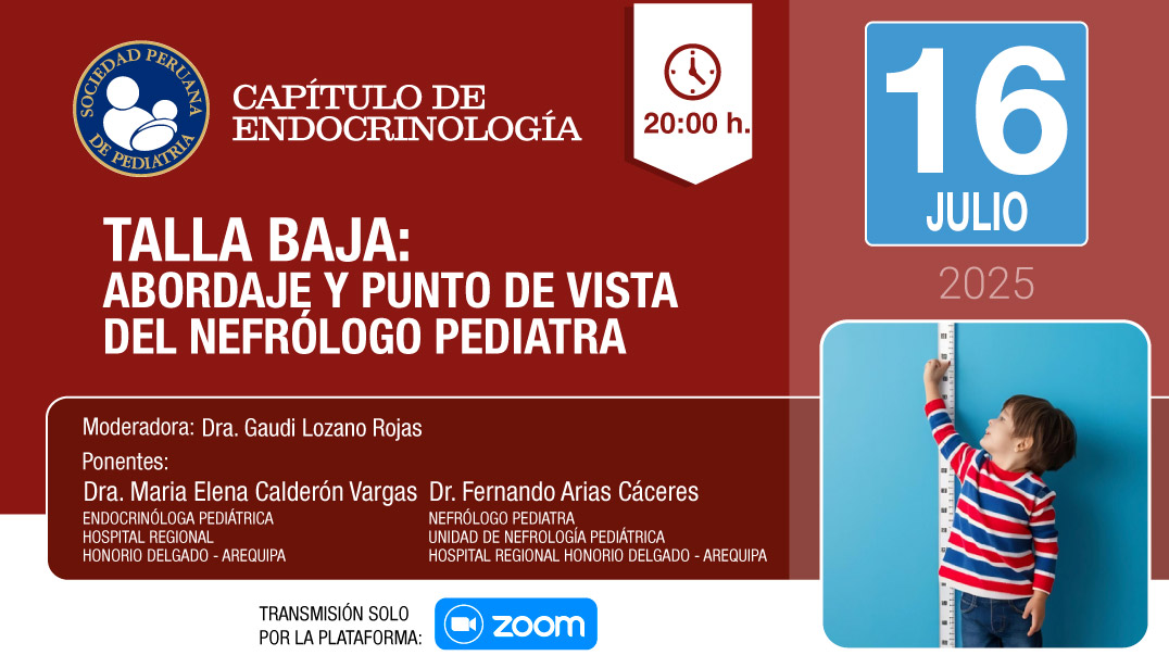 Registro ZOOM 👉🏽: tinyurl.com/m84wuzt2
Los Invitamos a participar de la Charla Virtual del
🔷CAPÍTULO DE NEFROLOGÍA🔷
TALLA BAJA: ABORDAJE Y PUNTO DE VISTA DEL NEFRÓLOGO PEDIATRA
🗓 16 de JULIO 2025
#sociedadperuanadepediatria #Pediatria #Residentes #Nefrologia #Tallabaja