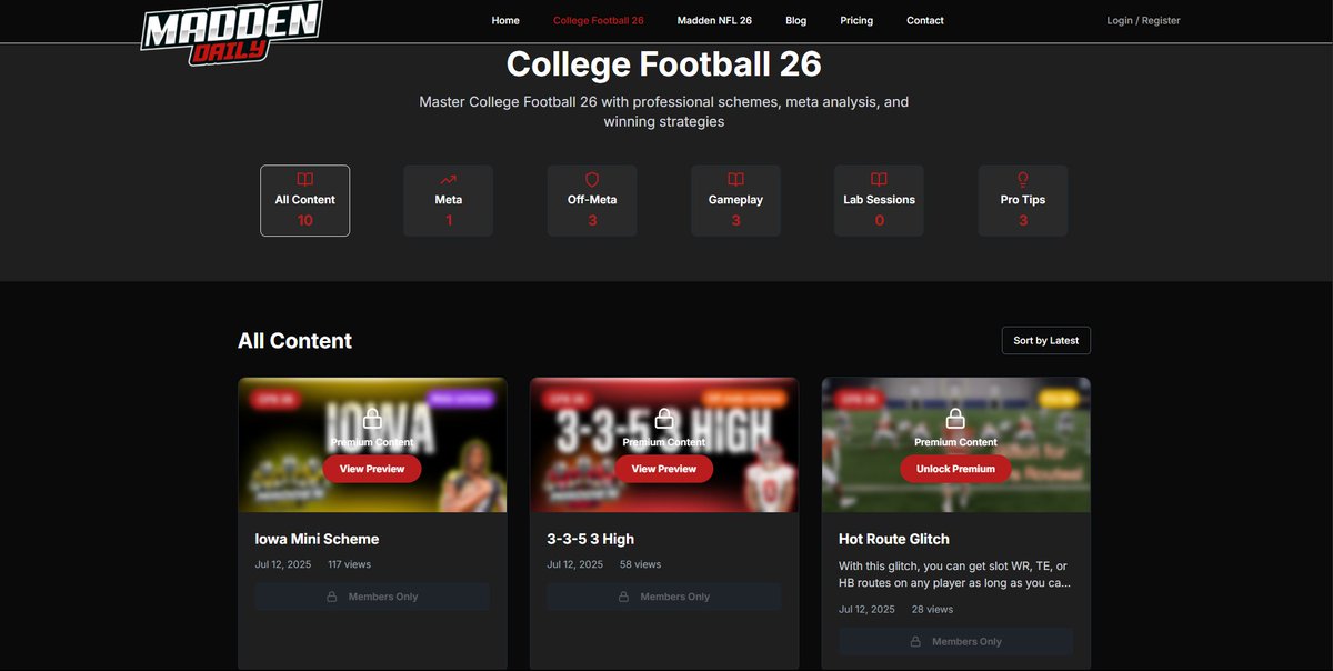 Shopmaster's tweet image. 🚀 Just shipped MaddenDaily.com, a full-on web app + CMS for CFB &amp;amp; Madden strategy!
📝 Dynamic scheme library
📊 Meta breakdowns &amp;amp; advanced tips
🎥 Video guides, ebooks &amp;amp; more
⚡️ Blazing-fast, mobile-first UI
Need a custom web app? DM me! 👀 #WebDev #Madden26 #CFB26