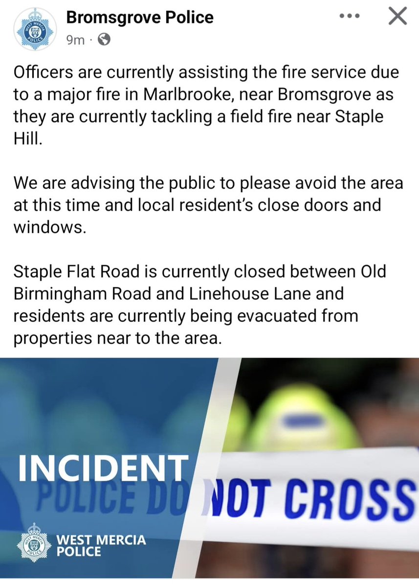 InspRichField's tweet image. Officers are currently assisting the fire service due to a major fire in Marlbrooke, near Bromsgrove as they are currently tackling a field fire near Staple Hill. 
 
We are advising the public to please avoid the area at this time and local resident’s close doors and windows.