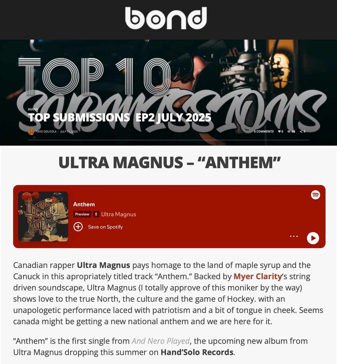 Hand'Solo Records (@handsolorecords) on Twitter photo “Ultra Magnus…shows love to the true North, the culture and the game of Hockey, with an unapologetic performance laced with patriotism and a bit of tongue in cheek.”
<a href="/thewordisbond/">The Word Is Bond</a> review of “Anthem”, the first single from Ultra Magnus' And Nero Played.
thewordisbond.com/top-submission… “Ultra Magnus…shows love to the true North, the culture and the game of Hockey, with an unapologetic performance laced with patriotism and a bit of tongue in cheek.”
<a href="/thewordisbond/">The Word Is Bond</a> review of “Anthem”, the first single from Ultra Magnus' And Nero Played.
thewordisbond.com/top-submission…