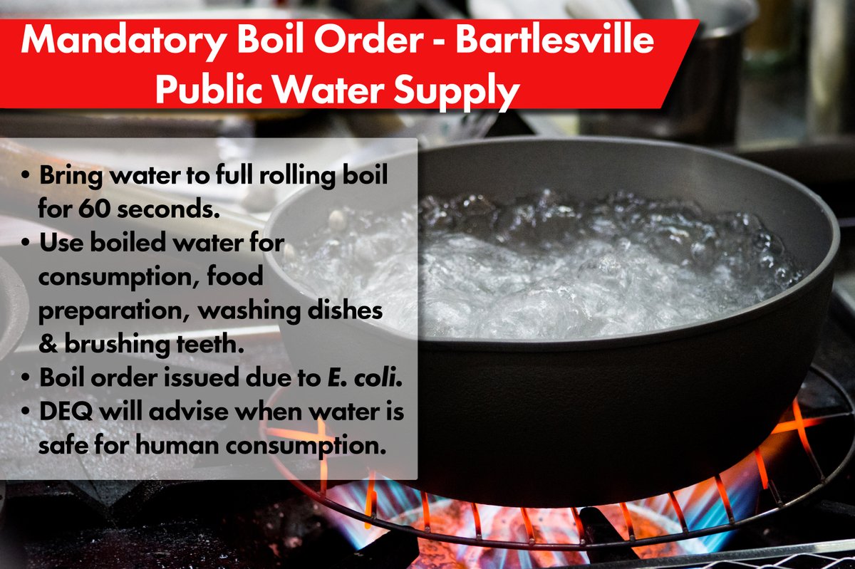 OklahomaDEQ's tweet photo. DEQ has issued a mandatory boil order for Bartlesville Public Water Supply. The order was issued due to E. coli. For more info: https://t.co/kkGy5gmKYq https://t.co/Y8rMlzntmj