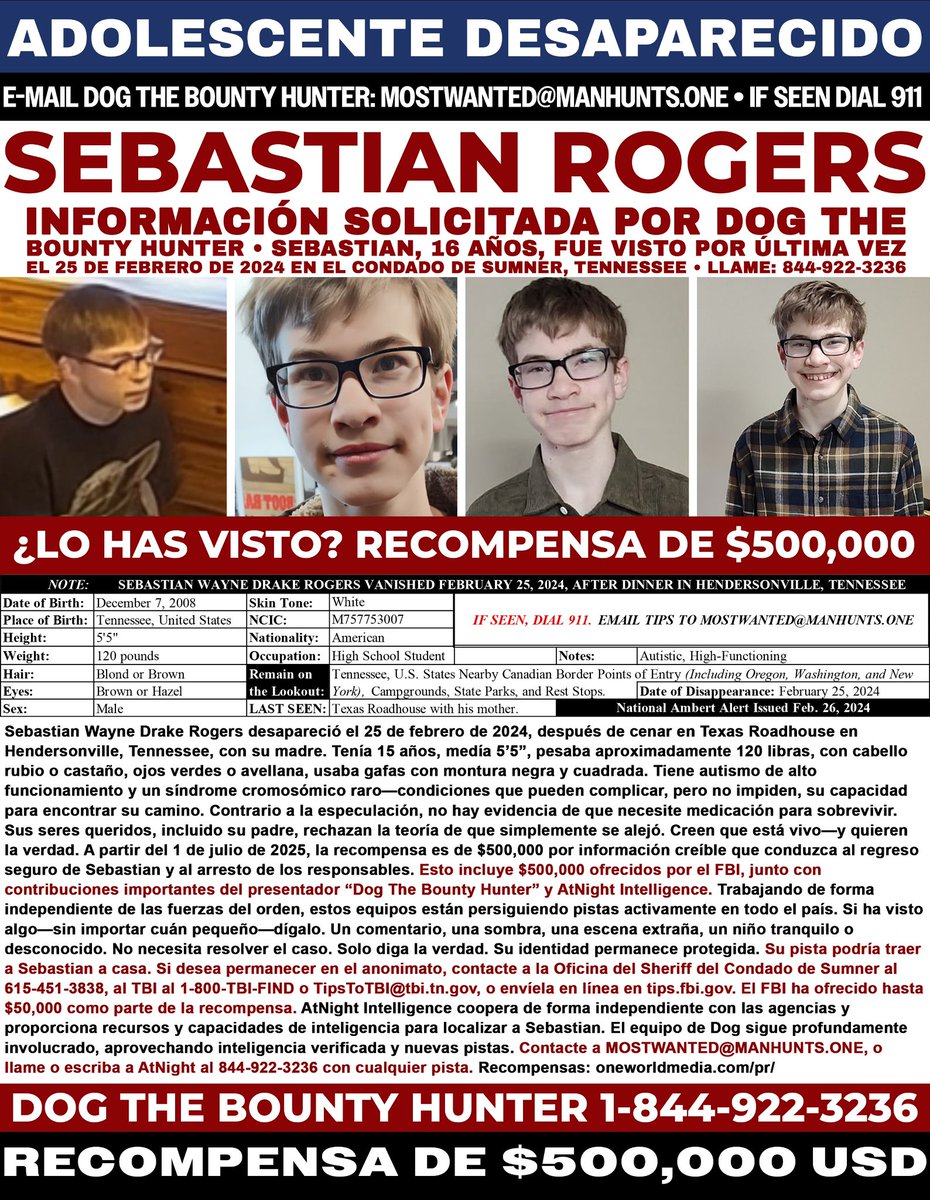 AtNightIntel's tweet photo. “I Will Kill Your Son” 

AtNight Creative Intelligence and One World Society have flagged a threatening message received through their national tipline regarding Sebastian Wayne Drake Rogers, the Tennessee teenager missing since February 25, 2024. He was 15 years old at the time. No verified sightings have occurred since.

“This is not a troll. This is not theoretical,” said Hong Xie, Director of One World Society. “This is a direct threat to a minor’s life. The sender claims to have control over Sebastian and to possess the authority to kill him, regardless of payment. If the FBI doesn’t step in now, then when? Whether this was real or a malicious prank, no responsible agency should ignore this kind of threat when a child’s life is at stake.”

The agencies involved can no longer claim ignorance or lack of jurisdiction. While its authenticity remains unconfirmed and could represent a hoax or extortion attempt, the nature of the content and timing demand serious review. AtNight has submitted the message to federal authorities, including the FBI, for analysis and follow-up.

- - - - - - - - - - - - - - 

AtNight continues accepting calls and tips from ANY country, especially from those in Mexico, Central America, and U.S. port zones.

Remain extremely vigilant at airports, bus terminals, border crossings, ferries, and tourist entry points.

If you see anything — you may call or text immediately.

We urge you to dial 911 if Sebastian is seen, or contact:

📞 1-800-CALL-FBI
📞 1-800-THE-LOST

- - - - - - - - - - - - - - 

📞 CALL OR TEXT (24/7): 844-922-3236
📧 EMAIL: MOSTWANTED@MANHUNTS.ONE

This is a live, multi-country effort supported by One World and AtNight. Tips can remain anonymous. Lives depend on awareness.

#SebastianRogers #MissingPerson