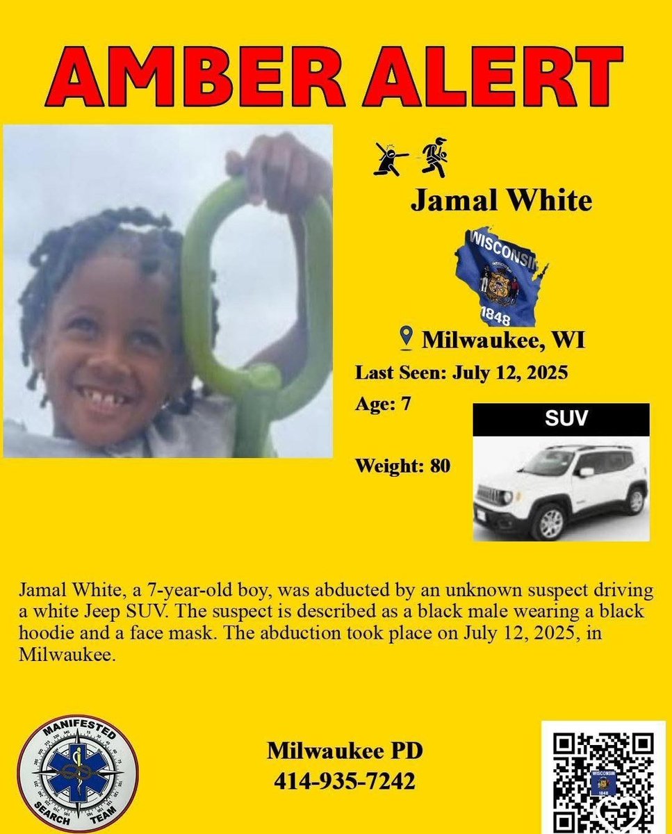 Amber Alert: 
Jamal White Milwaukee, WI area and surrounding please keep your eyes out for this baby &amp; White SUV he will be with a Man!
#FindJamalWhite 🙏🏾🙏🏾🙏🏾 #Amber
