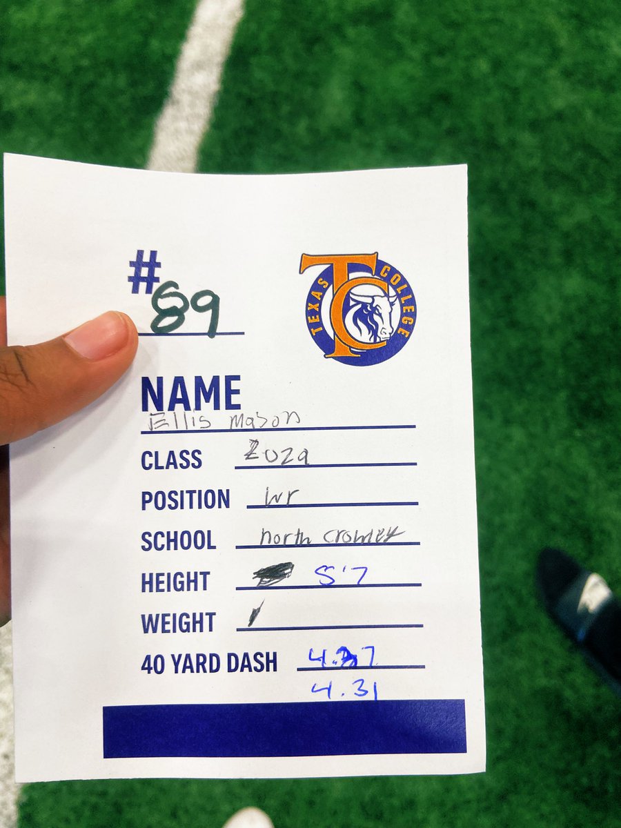 ELLIS MASON (@ellismason53879) on Twitter photo had a great camp and 7v7 showcase today <a href="/TCSteers/">Texas College Steers</a> , and got some really good advice from some coaches to , and ran a 4.31 as in incoming freshman 👀, can’t wait to hear from coaches soon .
<a href="/CoachPerkinsM/">Marcus Showtime Perkins Jr.</a> <a href="/Coach_JJackson2/">Coach Jarrail Jackson</a> <a href="/DemarcusHarri01/">Coach Harris</a> <a href="/therealraygates/">Ray Gates</a>
<a href="/TXFBINSIDER/">TX Varsity FB</a> <a href="/TopPreps/">SPORTS NEWS, VIDEOS, GRAPHICS, EXPOSURE & MORE</a> had a great camp and 7v7 showcase today <a href="/TCSteers/">Texas College Steers</a> , and got some really good advice from some coaches to , and ran a 4.31 as in incoming freshman 👀, can’t wait to hear from coaches soon .
<a href="/CoachPerkinsM/">Marcus Showtime Perkins Jr.</a> <a href="/Coach_JJackson2/">Coach Jarrail Jackson</a> <a href="/DemarcusHarri01/">Coach Harris</a> <a href="/therealraygates/">Ray Gates</a>
<a href="/TXFBINSIDER/">TX Varsity FB</a> <a href="/TopPreps/">SPORTS NEWS, VIDEOS, GRAPHICS, EXPOSURE & MORE</a>