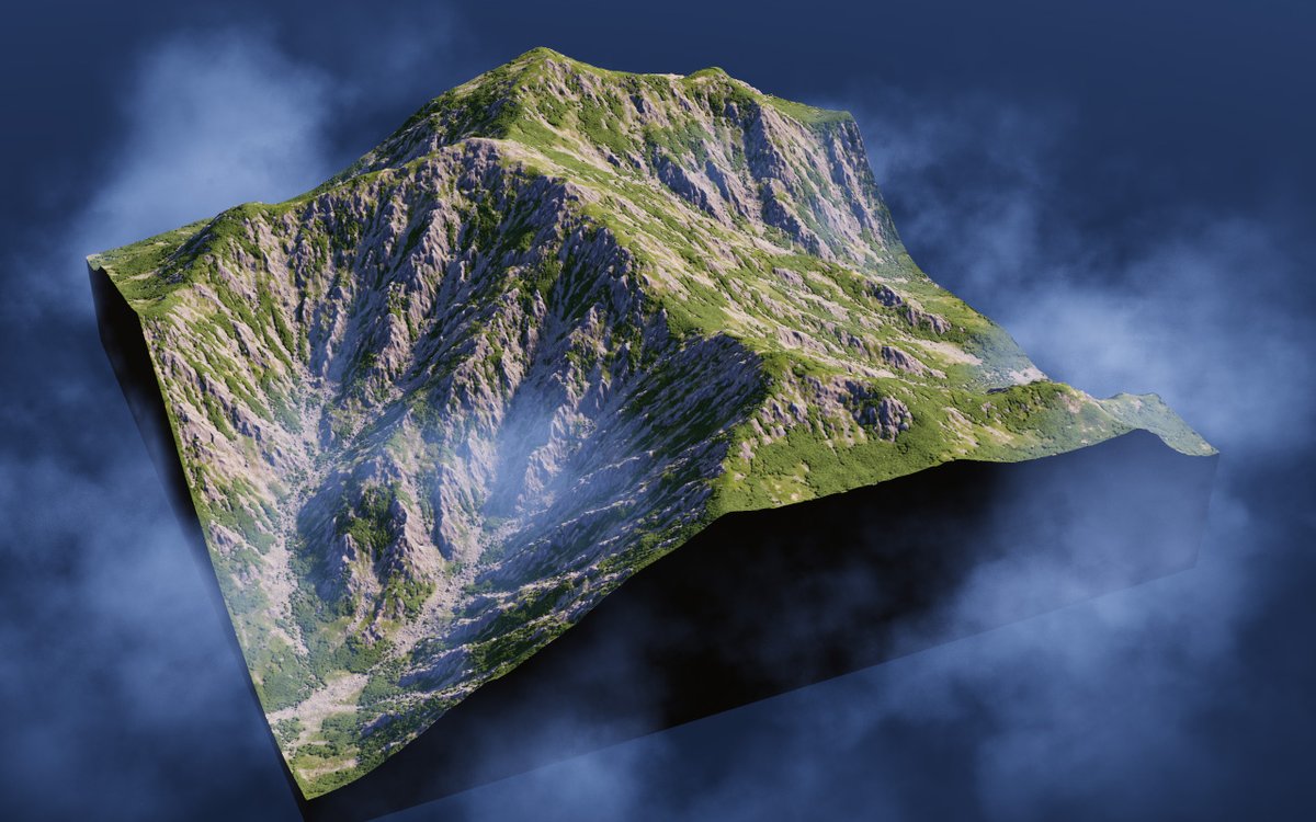 本日の山岳地形。中央アルプスっぽい感じで。稜線歩きしたいけど、遠い・・。#GeoGen #Terrain