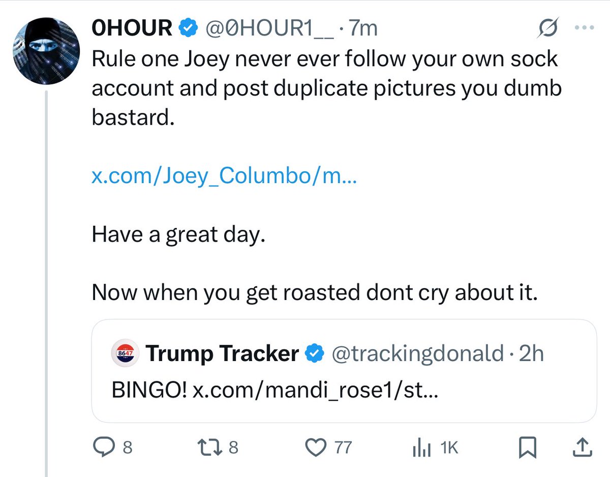 My god MAGA is DUMB! 

This guy thinks he’s some “hacker” and he “doxed” me.

In reality all he did was go to the first page of people that I recently followed and said it was me. 

(It’s not). Now these people are harassing this innocent guy that I don’t even know lmao. 

Sorry