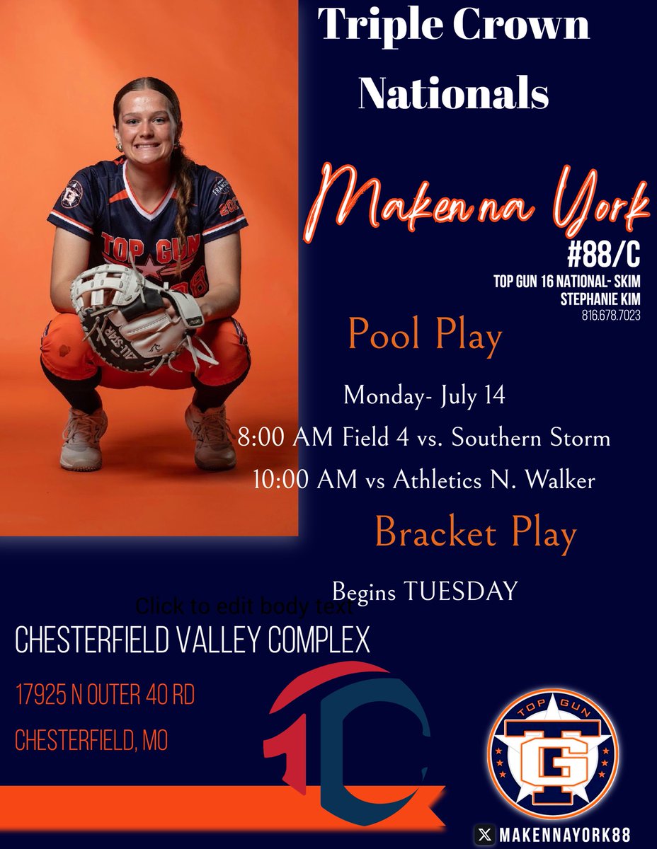 Makenna (@makennayork88) on Twitter photo Schedule for St. Louis Triple Crown Nationals!! Hope to see you watch my team <a href="/topgun_skim/">Top Gun National 16u-SK</a> play!π§‘ Schedule for St. Louis Triple Crown Nationals!! Hope to see you watch my team <a href="/topgun_skim/">Top Gun National 16u-SK</a> play!π§‘