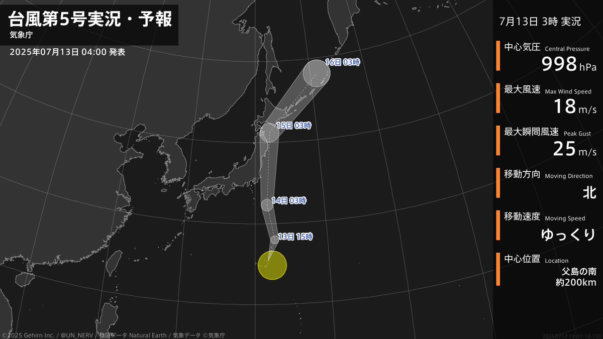 【台風第5号実況・予報 2025年07月13日 04:01】
台風第5号（ナーリー）が発生しました。