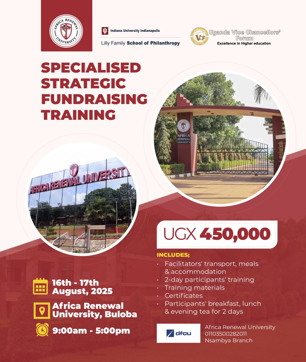 🚨 Attention University Leaders!

Join @uvcf_official &amp; @AfricaRenewal for a Specialized Fundraising Training 📈🎓

📅 Aug 16–17, 2025
📍 Buloba Campus
🎙 Led by global experts from Indiana University (USA)
Let’s reshape university fundraising in Uganda!
#UVCF #HigherEd #