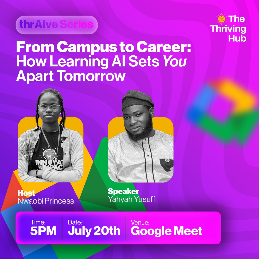TheThrivingHub's tweet photo. 🚀 Missed our last AI session? We’re back July 20!
Learn how AI can boost your career from class to industry.
🎙️ Yahyah Yusuff | 5PM | Google Meet
🔗 Register: https://t.co/1ioFo85Few

#AI #thrAIveSeries #FutureOfWork #Students #TechSkills https://t.co/0usPnvZ1B4