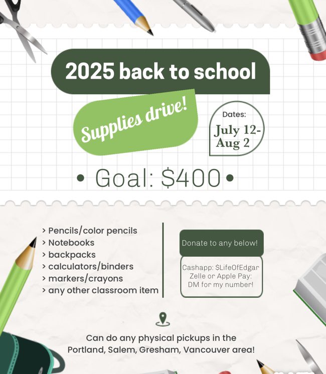LifeOfEdgar's tweet photo. During a dark time with everything that is happening currently why not spread some positivity? For a second year in a row I have decided to do a back to school supply drive for those families and teachers in need! The goal says $400 but any amount will be helpful tbh. https://t.co/fmig4XsrjI