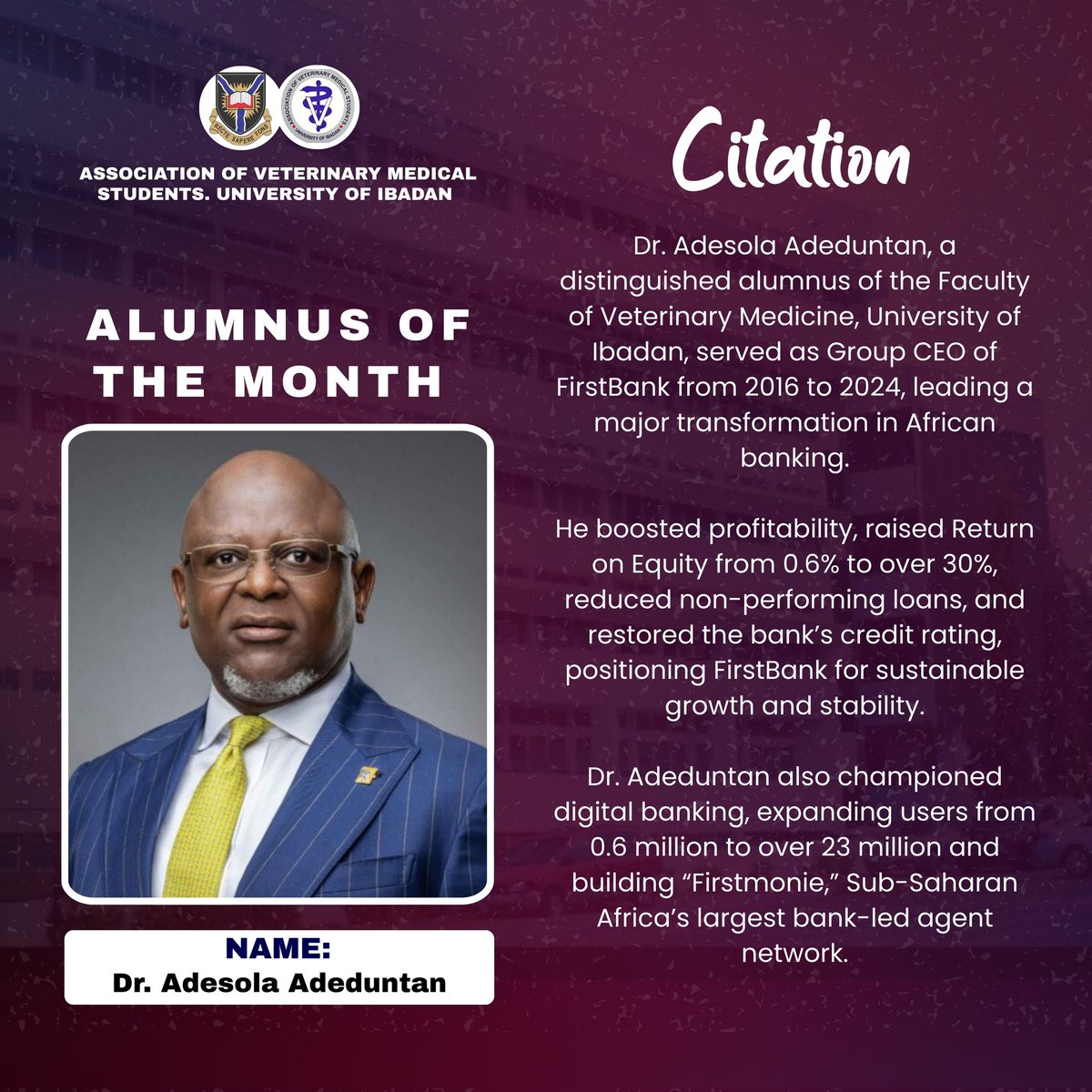 Avms_unibadan's tweet photo. ASSOCIATION OF VETERINARY MEDICAL STUDENTS, UNIVERSITY OF IBADAN.

Through The Executive Council Presents : ALUMNUS OF THE MONTH (June Edition) 🎉

Dr. Adesola Adeduntan . https://t.co/ZymlfzTWkB