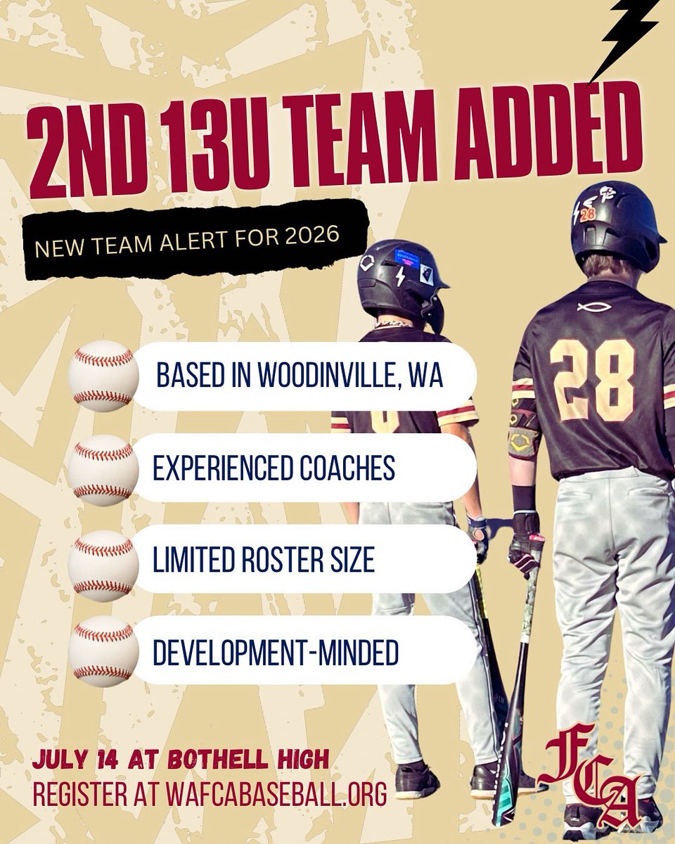 wafcabaseball's tweet image. Based on numbers WA FCA, located in Woodinville, will be adding a second 13U team for our 2026 season. Final FCA tryouts are this Monday (July 14) at Bothell High School. Slots are also available in 12U through 18U! Register today at wafcabaseball.org