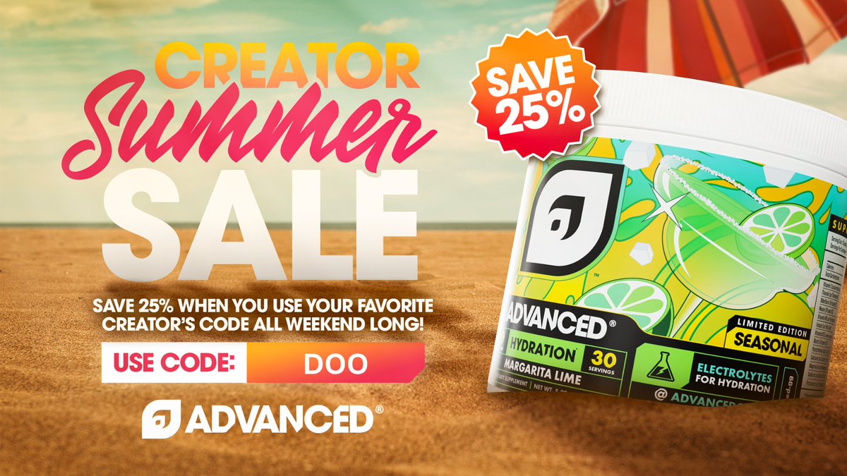 honeydooVT's tweet image. 🏖️ ADVANCED SUMMER SALE 🏖️

25% off for this weekend?? Holy moly, this is a sicc deal!!

If you&apos;ve never tried ADVANCED before, now&apos;s a good time! They&apos;ve got some amazing flavors (like the new hydrating Margarita Lime 🍋‍🟩)!

Get 25% off with code: DOO
🥤advanced.gg/?ref=DOO