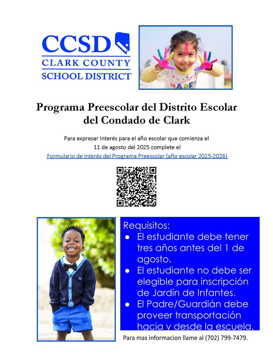 CCSD (@clarkcountysch) on Twitter photo CCSD has 1,300 Pre-K seats available for the 2025-2026 school year! 
To be considered for the Pre-K programs, students must meet the following requirements: 
✔️ Must be three years old before August 1, 2025
✔️Cannot be eligible for Kindergarten enrollment
✔️Parent/guardian must CCSD has 1,300 Pre-K seats available for the 2025-2026 school year! 
To be considered for the Pre-K programs, students must meet the following requirements: 
✔️ Must be three years old before August 1, 2025
✔️Cannot be eligible for Kindergarten enrollment
✔️Parent/guardian must