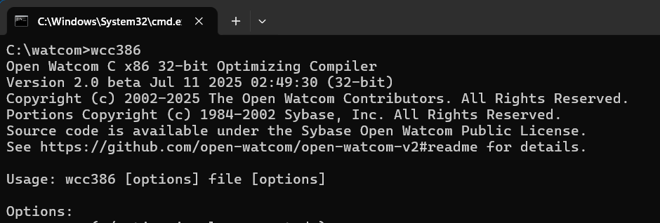 gojimmypi's tweet image. It's new compiler day! 🎉 It took me an embarrassingly long time to get my new Open #Watcom V2 #C compiler installed. Not at all happy in WSL: Linux release install caused seg fault. Build from scratch in WSL just didn't happen.

DOS precompiled executable to the rescue!