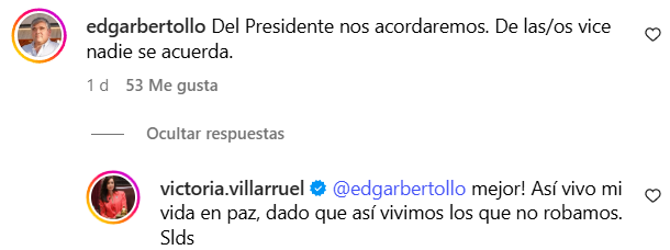 De todas las respuestas que escribió la Vicepresidenta Villarruel a los libertarios que la atacaron en Instagram, la que más me llamó la atención fue ésta: "... Así vivo mi vida en paz, dado q así vivimos los que NO ROBAMOS"
¿Quién sí roba?
¿A quién se refiere Villarruel?
Van a
