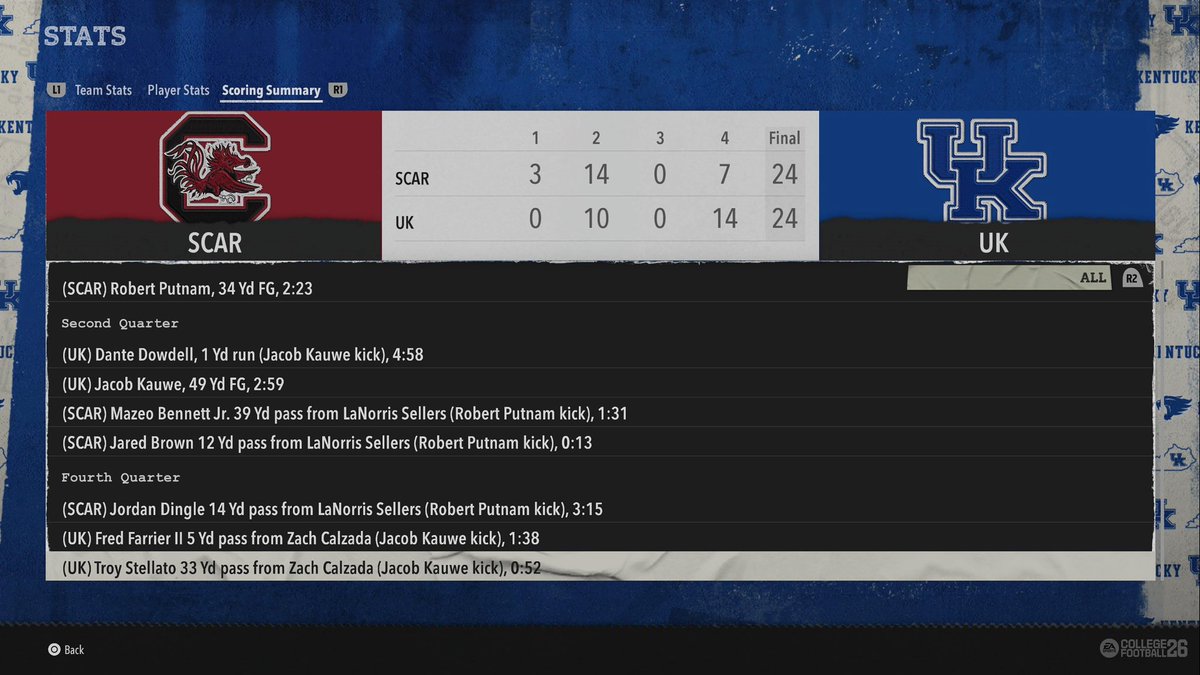 Drew Franklin (@drewfranklinksr) on Twitter photo Heading to overtime in my first game on College Football 26. It’s a thriller. An improbable onside recovery set up Troy Stellato’s game-tying TD on 4th and 13. Kroger Field is going crazy. UK Football is an overtime away from being back. Heading to overtime in my first game on College Football 26. It’s a thriller. An improbable onside recovery set up Troy Stellato’s game-tying TD on 4th and 13. Kroger Field is going crazy. UK Football is an overtime away from being back.