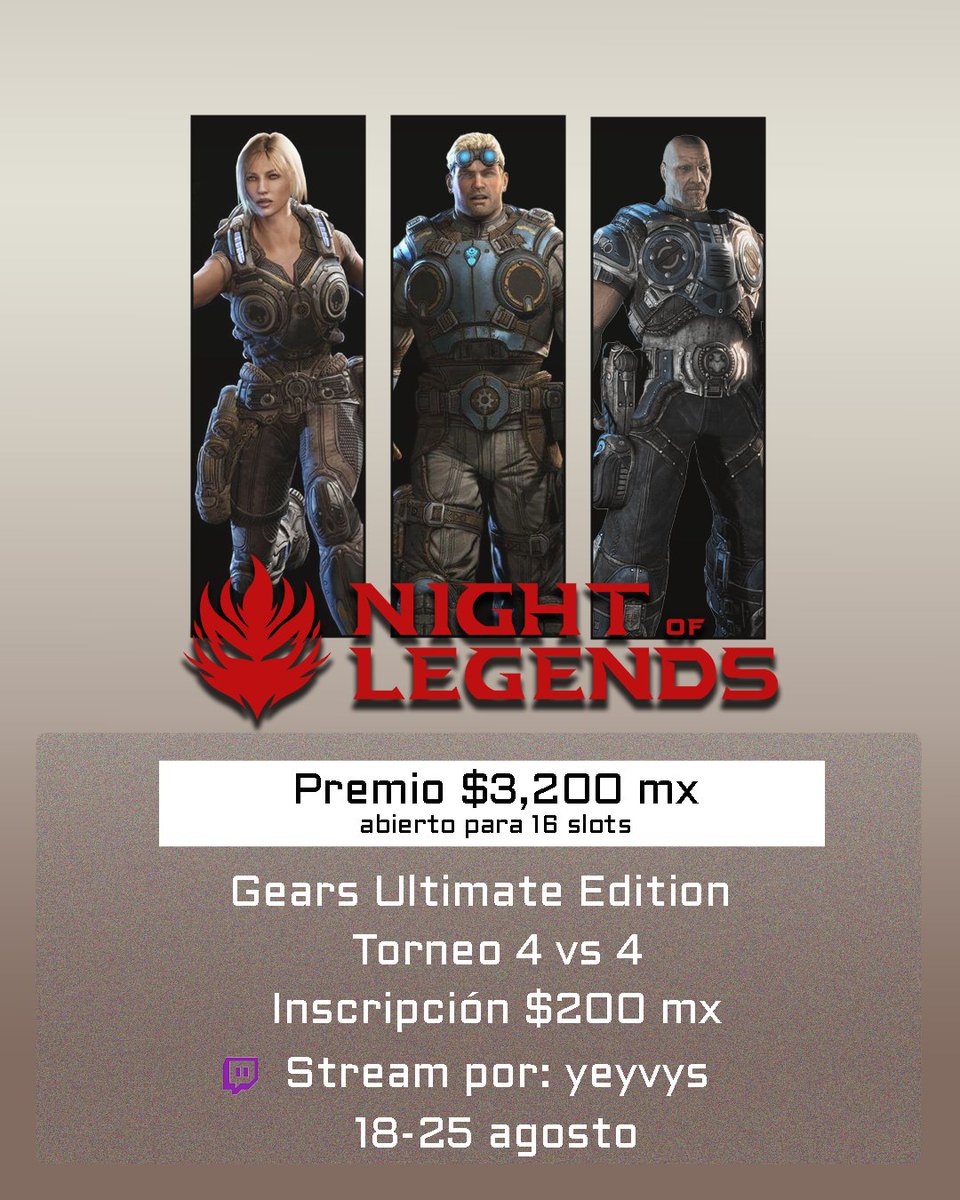 XAO (@xaogg) on Twitter photo 🎮 ¡Prepárate para la guerra, Gear! 🔥
¡Donde solo los más fuertes sobreviven y la gloria es para los verdaderos guerreros!
🛡️ Formato: 4v4
💰 Premios: $3,200 mx
📌 Registro abierto
👑Deja tu marca en la historia y conviértete en leyenda.
<a href="/TezLA_Gaming/">Tezla_Gaming</a> <a href="/oNyx_Gaming84/">ONYX ESPORTS</a> 🎮 ¡Prepárate para la guerra, Gear! 🔥
¡Donde solo los más fuertes sobreviven y la gloria es para los verdaderos guerreros!
🛡️ Formato: 4v4
💰 Premios: $3,200 mx
📌 Registro abierto
👑Deja tu marca en la historia y conviértete en leyenda.
<a href="/TezLA_Gaming/">Tezla_Gaming</a> <a href="/oNyx_Gaming84/">ONYX ESPORTS</a>