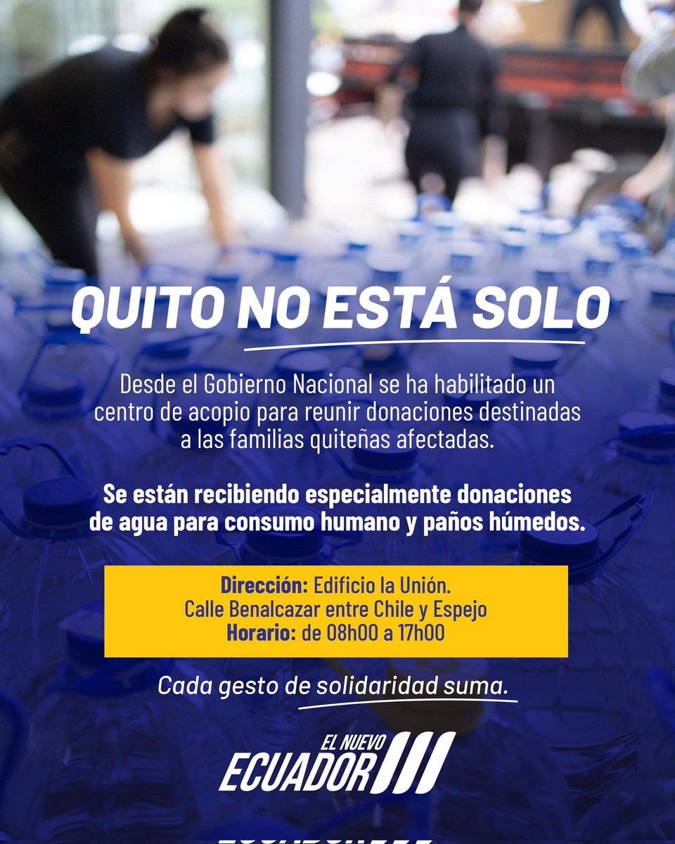 Quito no está solo 🇪🇨

Estamos recibiendo donaciones para las familias afectadas. 

📍Edificio La Unión
🕑 08h00 a 17h00

#ElNuevoEcuador