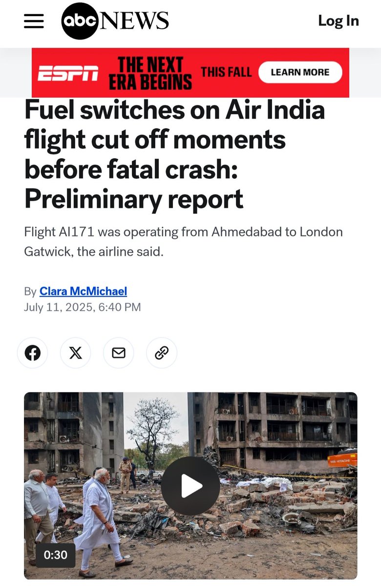 A preliminary report into the Air India crash last month, which left 260 people dead, indicates that fuel to the plane's engines was shut off just seconds after the plane lifted off.

🙏🏽🙏🏽🙏🏽

🔗 in the comments
