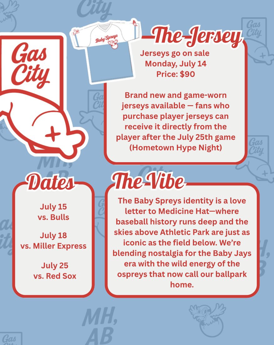 A new identity —
Introducing the Baby ‘Spreys.

Join us at the ballpark as we honour the Blue Jays of the past and embrace the spirit of the Athletic Park Osprey!

For three exclusive games only, we're taking flight with a brand-new identity:
July 15 • July 18 • July 25
