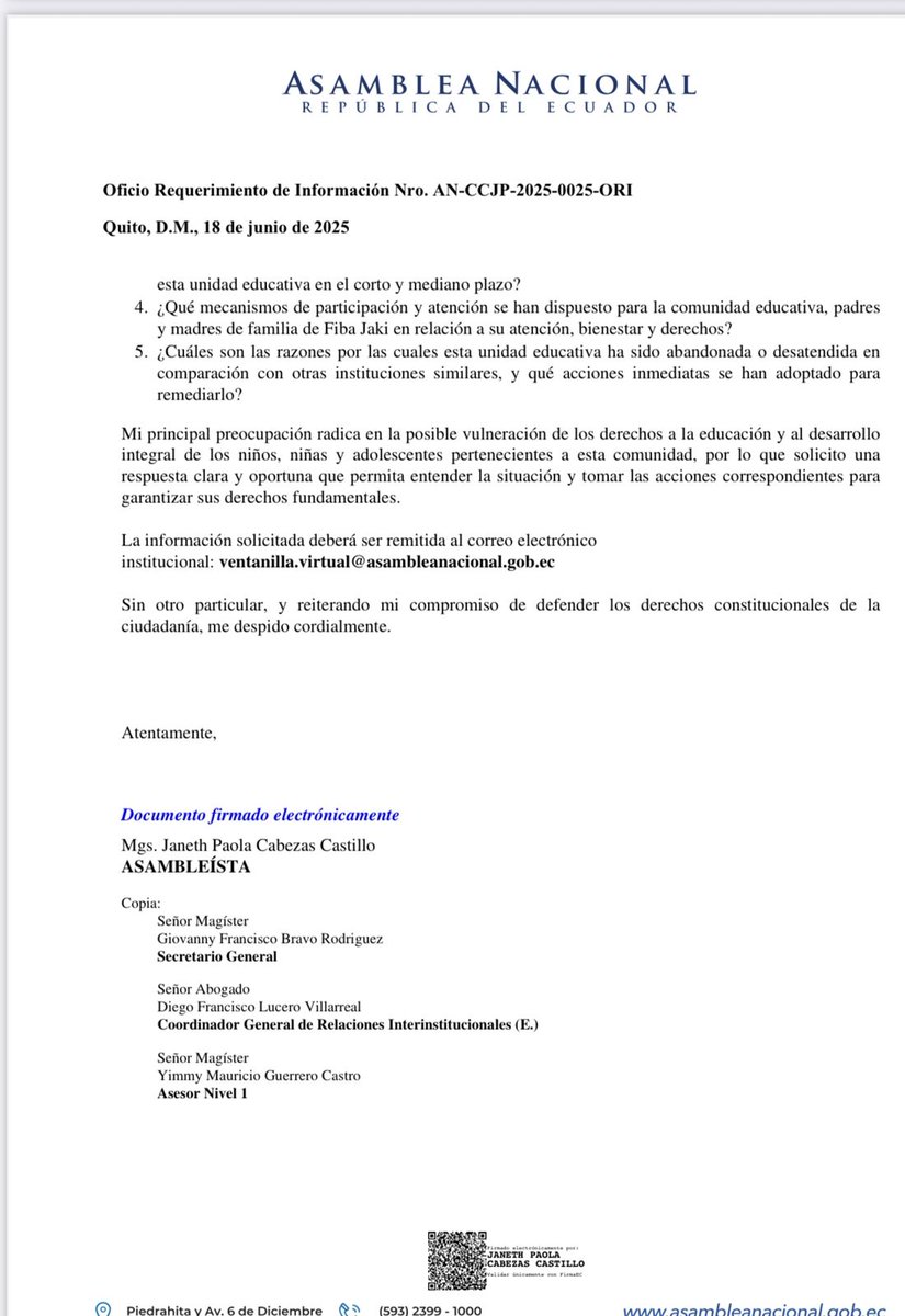 Paola Cabezas Castillo (@paolacabezasc) on Twitter photo El 18 de junio solicitamos información a <a href="/AlegriaCrespo/">Alegría Crespo Cordovez</a> sobre las condiciones de la U.E. Comunitaria Intercultural Bilingüe Fiba Jaki, en Hoja Blanca, cantón Eloy Alfaro #Esmeraldas.
El 28 de junio venció el plazo legal. Hasta hoy, <a href="/Educacion_Ec/">Ministerio de Educación del Ecuador</a> NO responde. Incumplen el art. 75 El 18 de junio solicitamos información a <a href="/AlegriaCrespo/">Alegría Crespo Cordovez</a> sobre las condiciones de la U.E. Comunitaria Intercultural Bilingüe Fiba Jaki, en Hoja Blanca, cantón Eloy Alfaro #Esmeraldas.
El 28 de junio venció el plazo legal. Hasta hoy, <a href="/Educacion_Ec/">Ministerio de Educación del Ecuador</a> NO responde. Incumplen el art. 75