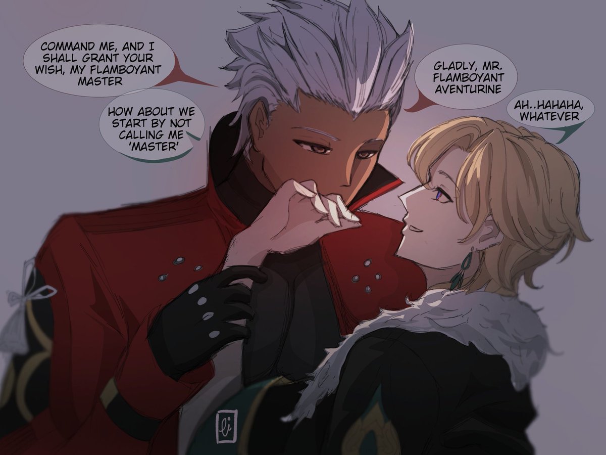 ShajinLi's tweet photo. "You keep calling me Flamboyant, huh? Mmh... Just say it, Archer, you're just itching to see me in something of your choosing, aren't you?" 

🏹🦚 #Archer #Aventurine #Archerine #HSRxFate https://t.co/V037WrysCW