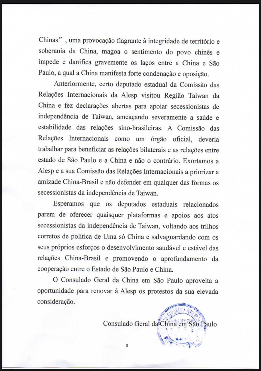 Gil Diniz (@carteiroreaca) on Twitter photo Essa foi a carta do governo comunista Chinês intimidando os deputados paulistas.
Motivo: ousaram assinar a Frente Parlamentar São Paulo - Taiwan. Para vocês terem ideia, a então Cônsul chinesa chegou a ir pessoalmente na Alesp EXIGIR que os deputados estaduais ficassem quietos e Essa foi a carta do governo comunista Chinês intimidando os deputados paulistas.
Motivo: ousaram assinar a Frente Parlamentar São Paulo - Taiwan. Para vocês terem ideia, a então Cônsul chinesa chegou a ir pessoalmente na Alesp EXIGIR que os deputados estaduais ficassem quietos e