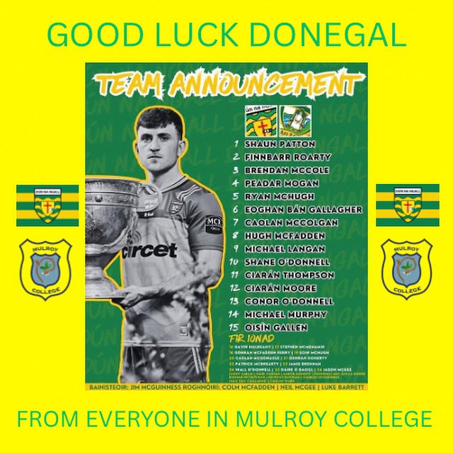 Mulroy College (@mulroycollege) on Twitter photo Sending our best wishes to <a href="/officialdonegal/">CLG Dhún na nGall</a> , ahead of tomorrow’s All-Ireland Semi Final. Good luck, lads 💚💛
#hupdonegal #WeAreDonegalETB #samfordonegal Sending our best wishes to <a href="/officialdonegal/">CLG Dhún na nGall</a> , ahead of tomorrow’s All-Ireland Semi Final. Good luck, lads 💚💛
#hupdonegal #WeAreDonegalETB #samfordonegal
