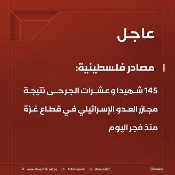 ⭕️عاجل:

مصادر فلسطينية: 145 شهيدا وعشرات الجرحى نتيجة مجازر العدو الإسرائيلي في قطاع غزة منذ فجر اليوم