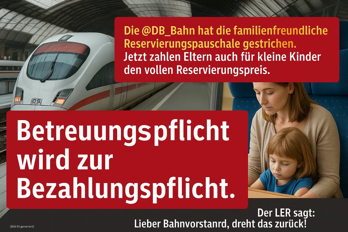 Die <a href="/DB_Bahn/">Deutsche Bahn Personenverkehr</a> hat die familienfreundliche Reservierungspauschale gestrichen.
Jetzt zahlen Eltern auch für kleine Kinder den vollen Reservierungspreis:
 Betreuungspflicht wird zur Bezahlungspflicht.
👉 Jetzt PETITION UNTERZEICHNEN: weact.campact.de/petitions/die-…