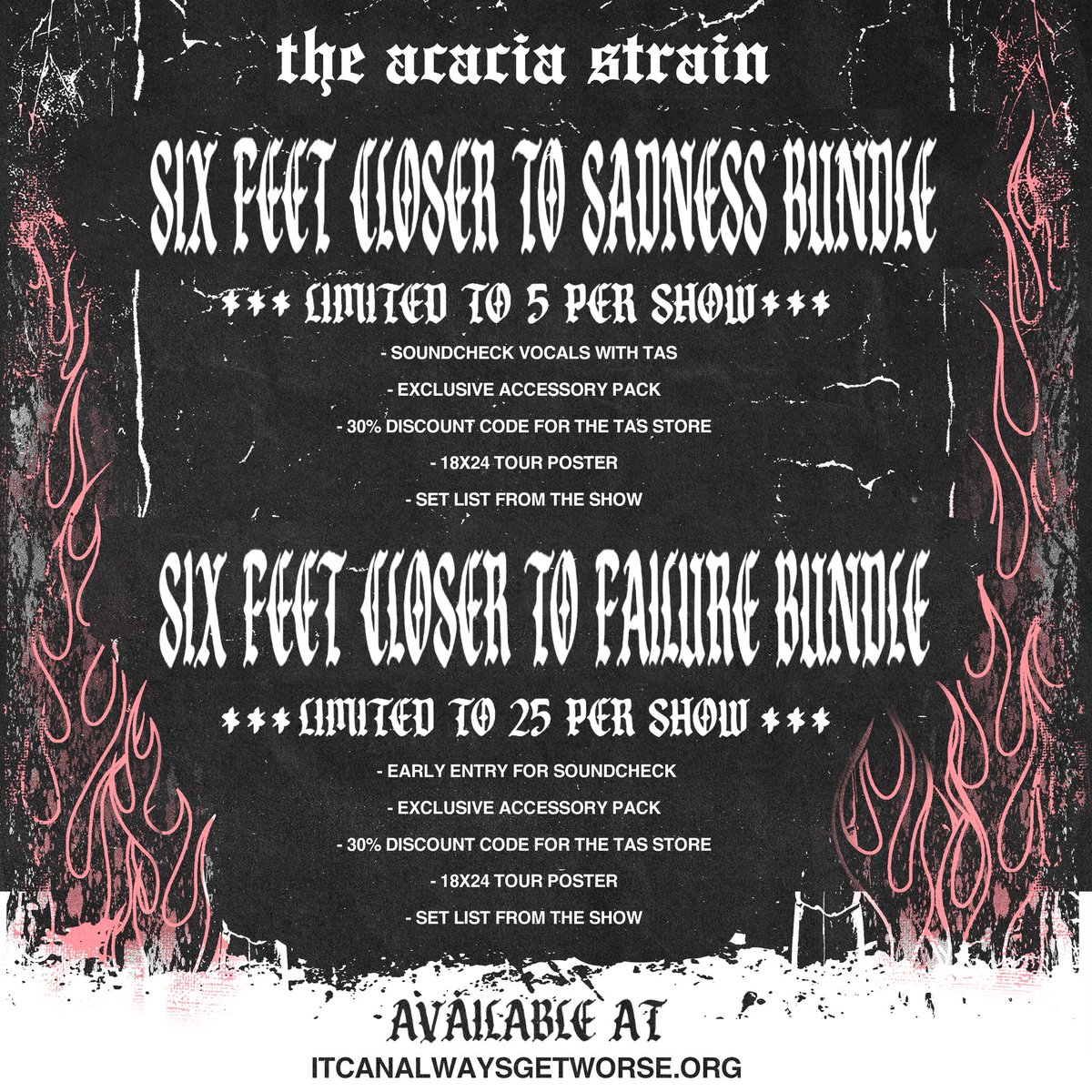 theacaciastrain's tweet image. Limited bundles for the SIX FEET CLOSER TO HELL TOUR remain at itcanalwaysgetworse.org
📸: Stu McDonald