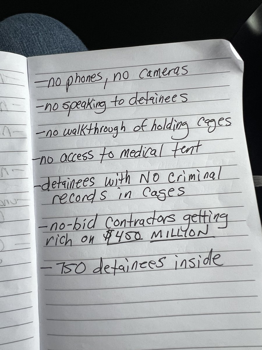 Just left Florida’s Everglades immigrant detention camp. 750 humans in cages.

Not allowed to speak to detainees. No walk through of occupied areas. Immigrants without criminal records.

$450 MILLION in no-bid contracts for GOP donors.

I am ashamed. Shut this facility down now.
