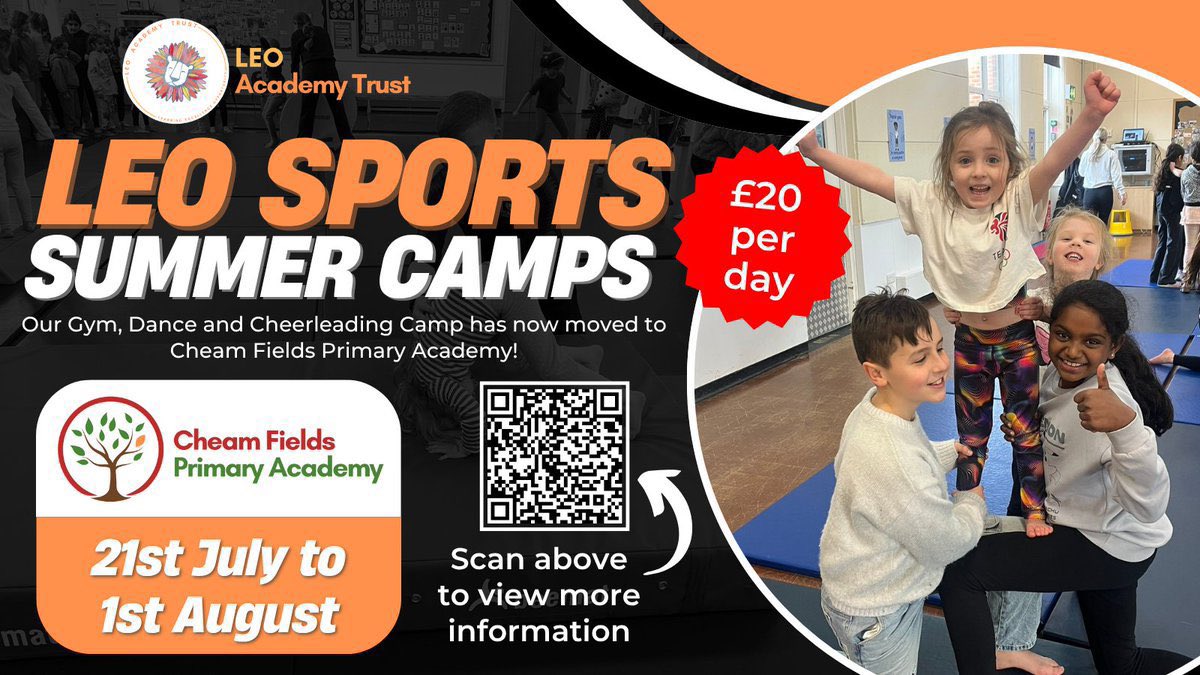 📢 Just 1 week to go …

Join us at <a href="/CFPSchool/">Cheam Fields Primary</a> this Summer, for an action packed holiday of gymnastics, dance &amp; cheerleading!

🕓 9am - 3pm
💷 £20 per day

Book 👉 leosportscamps.clubsbuddy.net

More information 👉 sites.google.com/leoacademytrus…

#LEOsportscamps 🦁🤸🏻‍♂️ 💃
