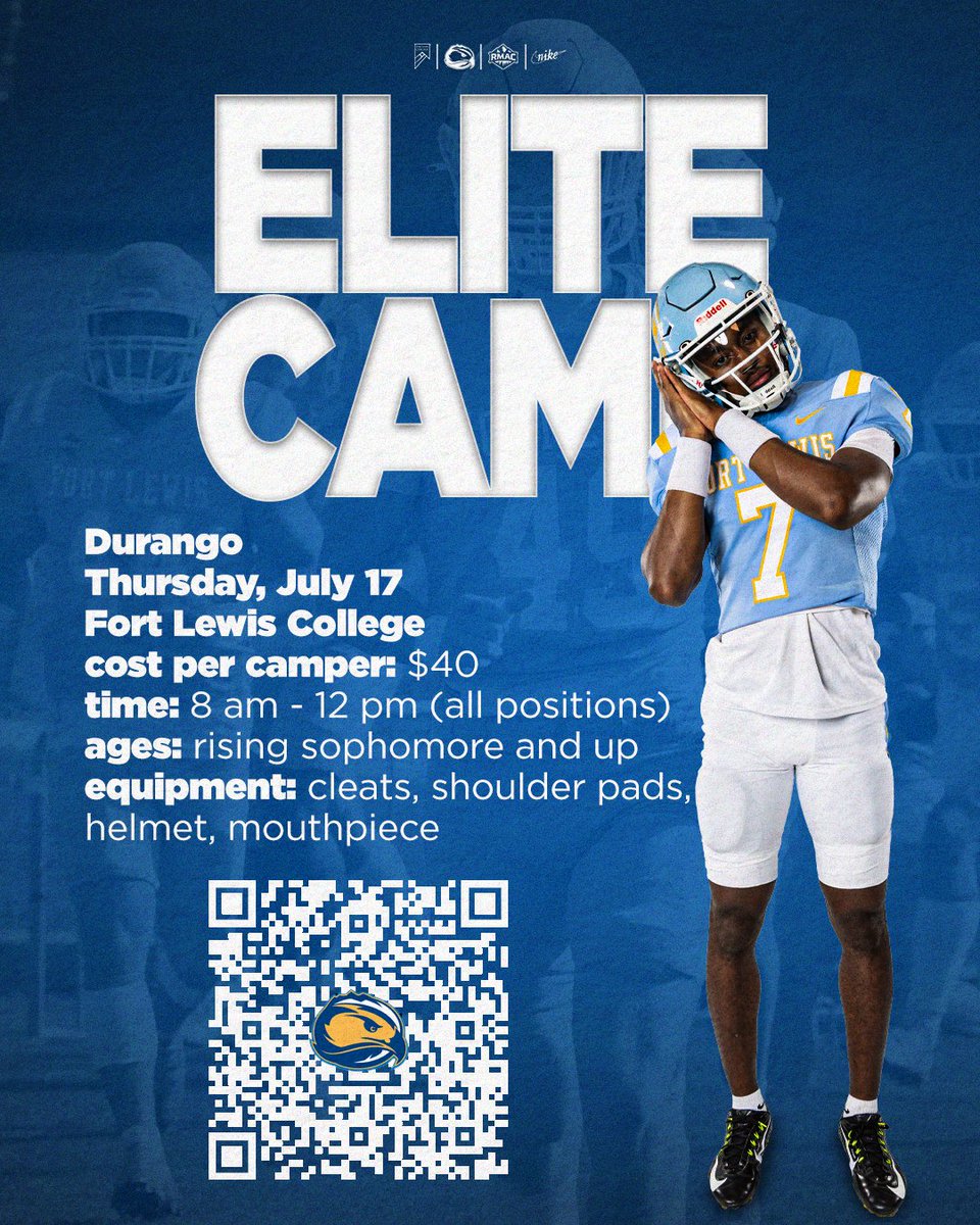 ‼️LOOKING TO COMPETE, STAND OUT, AND EARN THAT OFFER❓️

🗣SIGN UP FOR ONE OF OUR SKYHAWK ELITE PROSPECT CAMPS 

Fort Lewis College Football is looking for the best players from the classes of 2026, 2027, and 2028.

July 17th - Durango 
July 18th - Colorado Springs
July 19th -