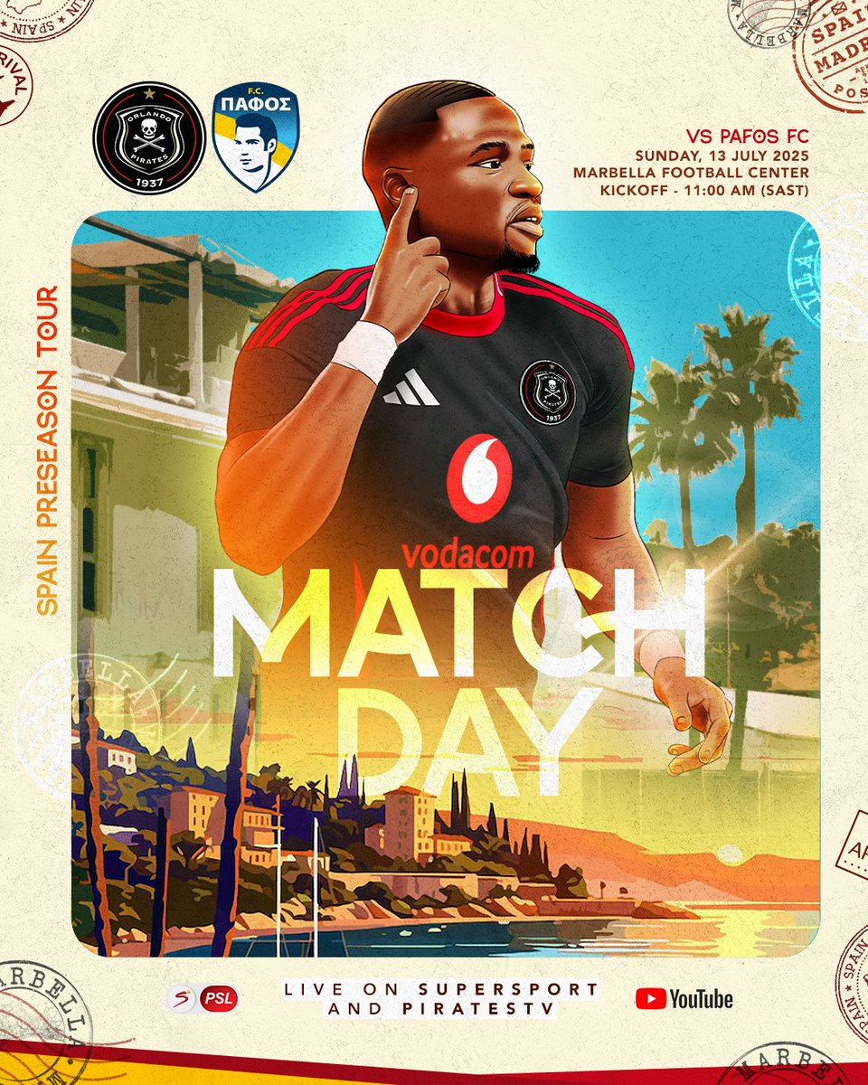 Orlando Pirates (@orlandopirates) on Twitter photo ⚪⚫️ MATCH_DAY ☠️
🤝🏿 PRE-SEASON FRIENDLY 🇪🇸
🆚 <a href="/pafosfcofficial/">Pafos FC</a>
🗓 13 July 2025
⏰ 11:00 AM
🏟 <a href="/MarbellaFCenter/">Marbella Football Center</a>
📺 <a href="/SuperSportTV/">SuperSport 🏆</a> 202
📺 Pirates TV (YouTube)
⚫⚪🔴⭐
#OrlandoPirates
#OnceAlways ⚪⚫️ MATCH_DAY ☠️
🤝🏿 PRE-SEASON FRIENDLY 🇪🇸
🆚 <a href="/pafosfcofficial/">Pafos FC</a>
🗓 13 July 2025
⏰ 11:00 AM
🏟 <a href="/MarbellaFCenter/">Marbella Football Center</a>
📺 <a href="/SuperSportTV/">SuperSport 🏆</a> 202
📺 Pirates TV (YouTube)
⚫⚪🔴⭐
#OrlandoPirates
#OnceAlways