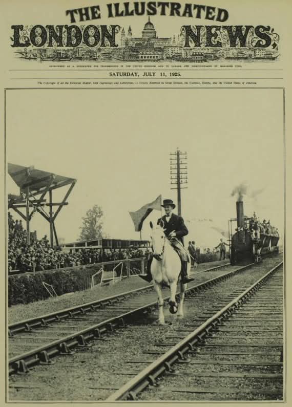 Dr. M.F. Khan (@dr_thehistories) on Twitter photo As part of the railway centenary celebrations, the original Locomotion No. 1 hauls a replica of the train that ran at the opening of the Stockton and Darlington Railway on 27 September 1825, following a horseman carrying a red flag - from the Illustrated London News, 11 July As part of the railway centenary celebrations, the original Locomotion No. 1 hauls a replica of the train that ran at the opening of the Stockton and Darlington Railway on 27 September 1825, following a horseman carrying a red flag - from the Illustrated London News, 11 July