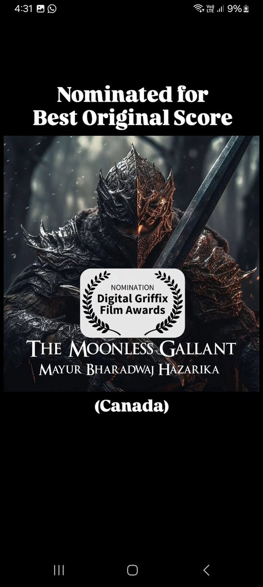 Recent updates -
● My song "Give Up" - official selection at Malabo International Music and Film Festival
● My soundtrack "The Moonless Gallant" nominated for Best Original Score at Digital Griffix Film Awards