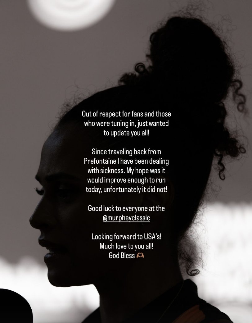 🇺🇸Sydney McLaughlin-Levrone will not race the Ed Murphey Classic 400m tonight due to a sickness she's been dealing with after the Pre Classic.

(via: sydneymclaughlin16/IG)