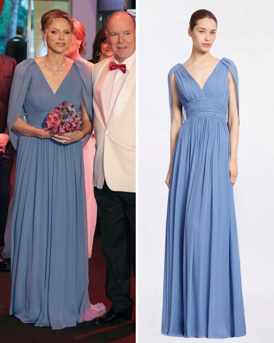 Tonight at the Red Cross Gala, Princess Charlene is wearing a gown in orient blue by Elie Saab. It comes from Pre-Fall ‘25 collection, which is inspired by “bold excursions” on the Orient Express.

The gown is pleated and has an open back framed by fluttery cape-effect panels