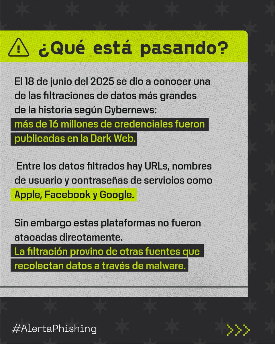 socialtic's tweet photo. #AlertaPhishing

🚨 Hace unas semanas se reportó la mayor fuga de datos de la historia. ¡Casi 16 millones de credenciales filtradas!

🤖 Esto junto con el reciente uso de #InteligenciaArtificial para realizar estafas, nos obliga a estar más alerta que nunca. https://t.co/y9zc2gPTYE