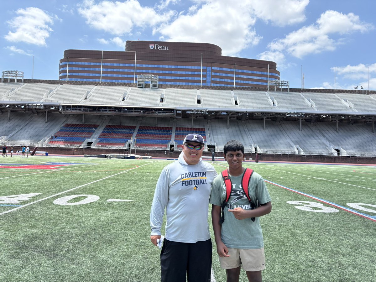 Praneel Kandakur (@praneel_k55) on Twitter photo Great meeting <a href="/CoachLeeXiong/">CoachDennisLeeXiong</a> from <a href="/CarletonFB/">Carleton Football</a> at UPenn’s Academic Mega Camp. Had a great conversation about the football program and everything Carleton College has to offer as a school. Excited for the next steps. #linebacker #co27
<a href="/CoachMMJohnson/">Coach Mitch Johnson</a> <a href="/Coach_b_j/">Coach BJ Harrington</a> <a href="/coachmikeg9/">Coach Mike</a> Great meeting <a href="/CoachLeeXiong/">CoachDennisLeeXiong</a> from <a href="/CarletonFB/">Carleton Football</a> at UPenn’s Academic Mega Camp. Had a great conversation about the football program and everything Carleton College has to offer as a school. Excited for the next steps. #linebacker #co27
<a href="/CoachMMJohnson/">Coach Mitch Johnson</a> <a href="/Coach_b_j/">Coach BJ Harrington</a> <a href="/coachmikeg9/">Coach Mike</a>