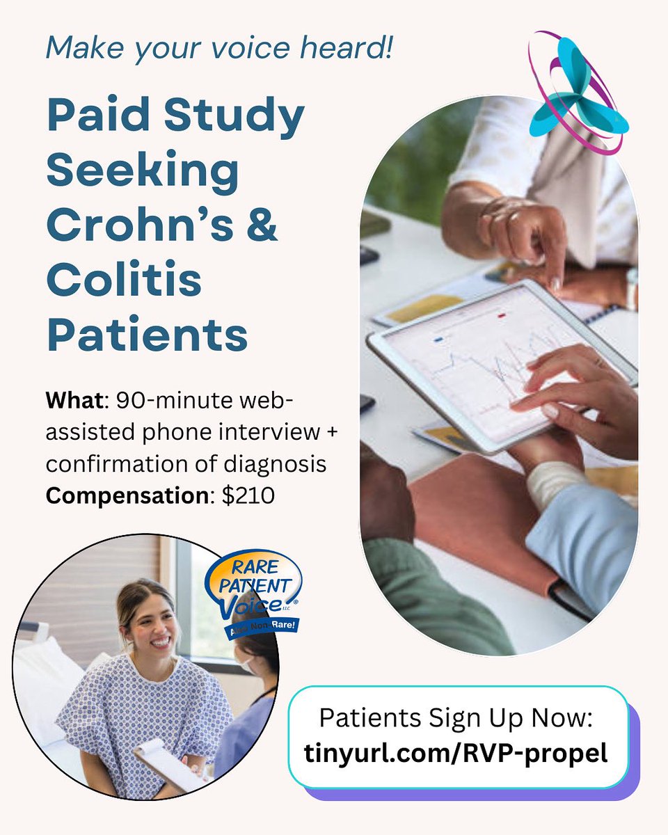 propelacure's tweet image. 📣 Paid research study opportunity for Crohn’s disease, Ulcerative colitis, and Micriscopic colitis patients:
Propel a Cure partners with @rarepatientvoic to connect #IBD patients & caregivers with research opportunities that align with their condition or that of a loved one. By…