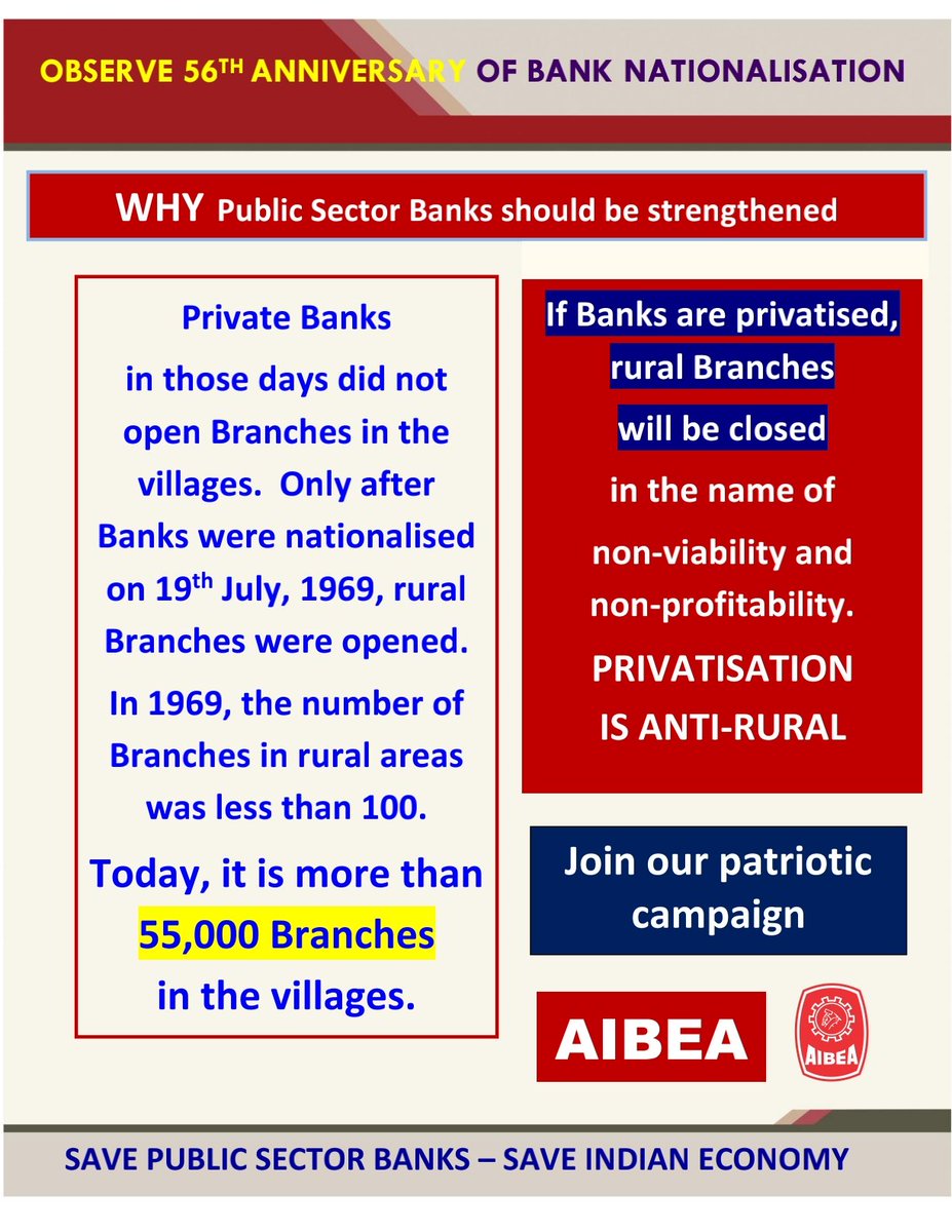 SAVE PUBLIC SECTOR BANKS – SAVE INDIAN ECONOMY 

OBSERVE 56TH ANNIVERSARY OF BANK NATIONALISATION 

#AIBEA