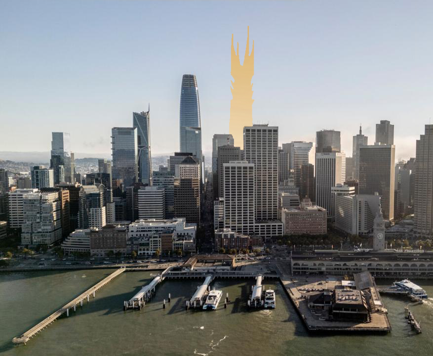 SFChronPitchBot's tweet image. Seven years after the Salesforce Tower usurped the Transamerica Pyramid as San Francisco’s highest skyscraper, a Palantir is planning a building that would become the tallest in California.