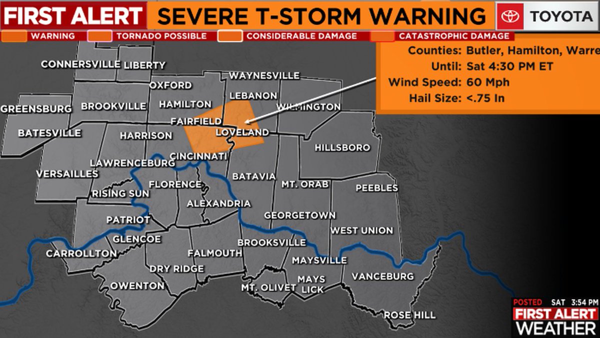 A *SEVERE T-STORM WARNING* has been issued for highlighted areas of the FOX19 NOW viewing area. SEEK SHELTER NOW IF YOU'RE IN THE HIGHLIGHTED AREA! For more information, please go to fox19.com/weather &amp; stay up to date on the First Alert Weather app! #cincywx #FirstAlert